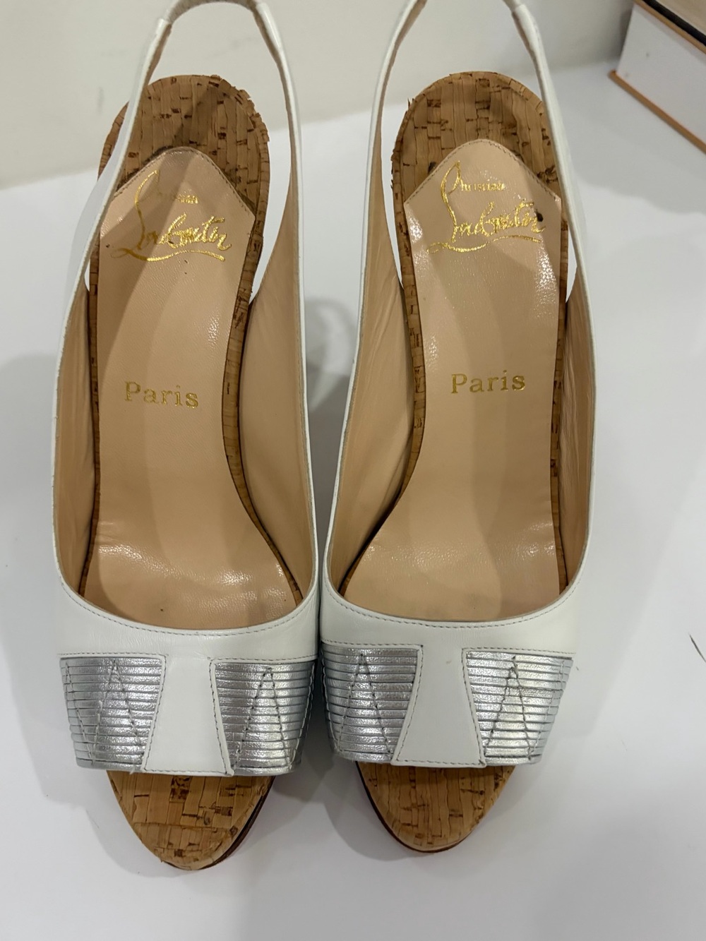 Christian Louboutin White Leather Slingback Sandals with Silver Accent